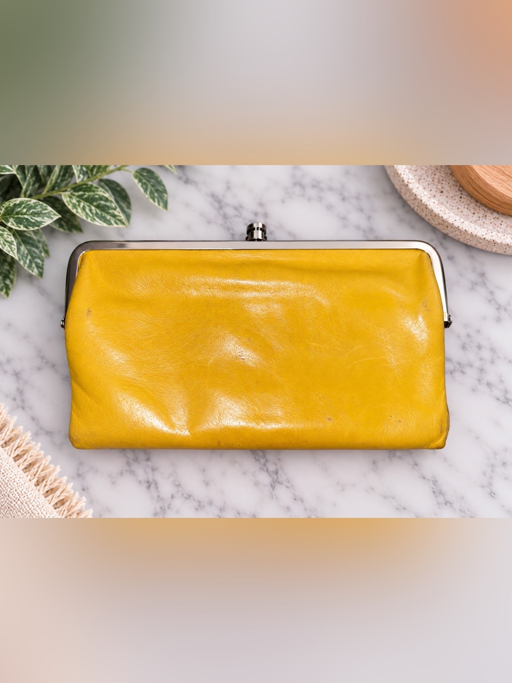 HOBO Lauren Mustard Yellow Leather Double-Frame Wallet Clutch